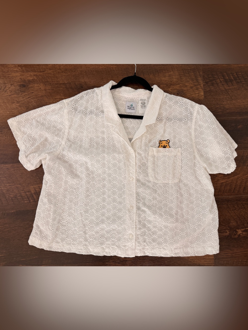 Boxy White Eyelet Button-Down Top with Winnie The Pooh Pocket Detail